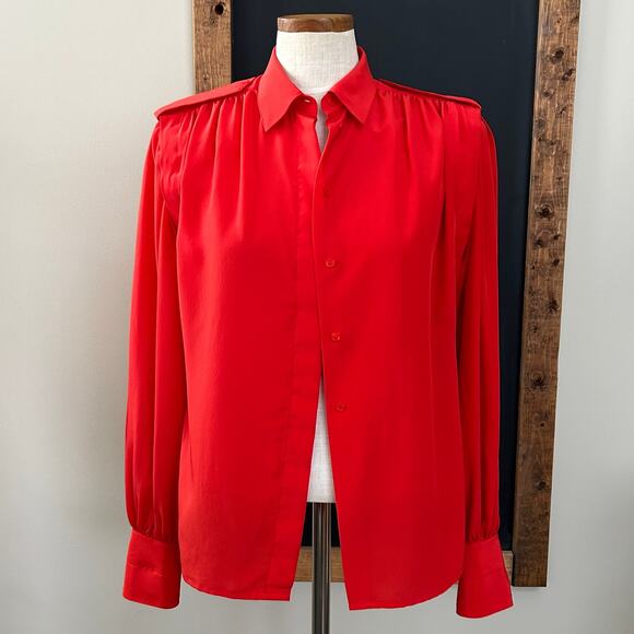 Vintage Regina Porter Red Secretary Blouse M Classic French Chic Office Parisian - Picture 5 of 11